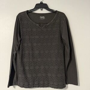 Cabela's‎ Women's Dark Gray Long Sleeve V-Neck T-Shirt Size M Crochet Lace Front